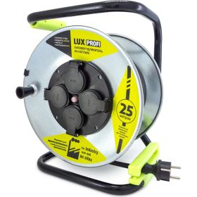 Силовой удлинитель на металлической катушке LUX PROFI К4-Е-25 (74225) КГ 3x2.5 25м 16А 4 розетки с заземлением IP44 4606400430131 (артикул 22782801) – фото 1