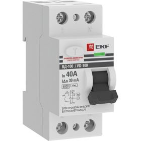 Устройство защитного отключения EKF ВД-100, 2P, 40А, 30мА, тип АС, электромеханическое, 6кА, PROxima elcb-2-6-40-30-em-pro (артикул 23094699) – фото 1