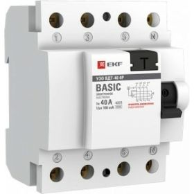 Устройство защитного отключения EKF УЗО, ВД-40, 4P, 40А/100мА, электронное, Basic SQ elcb-4-40-100e-sim (артикул 16058668) – фото 1