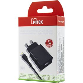 Сетевое зарядное устройство Mirex U16i, 1хUSB-А, 2.4А + кабель AM-8pin 1 м, черный, в коробке 3701-U16iBK 13701-U16iBK (артикул 21172534) – фото 1