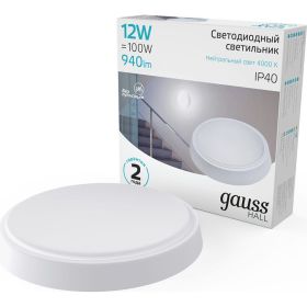 Светильник ЖКХ GAUSS HALL круг 12W 940lm 4000K 200-240V IP40 D135х32мм белый LED 1/40 193411212 (артикул 16856041) – фото 1