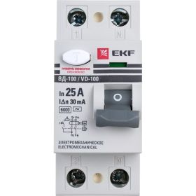 Устройство защитного отключения EKF ВД-100, 2P, 25А, 30мА, тип АС, электромеханическое, 6кА, PROxima elcb-2-6-25-30-em-pro (артикул 23089431) – фото 1
