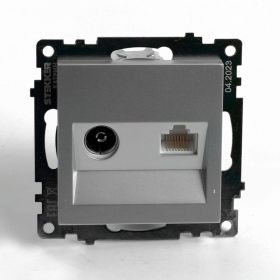 Розетка телевизионная + компьютерная RJ-45 STEKKER (механизм), gls00-7106-03, 75 ом, 5-862мгц, серия катрин, серебро, 49183 (артикул 28528856) – фото 1