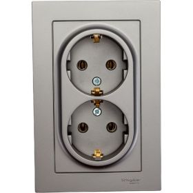 Розетка Schneider Electric AtlasDesign Сталь с/з двойная, 16А, в сборе SE ATN000924 (артикул 19933420) – фото 1