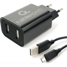 Адаптер питания Cablexpert USB 2 порта, 2.4A, черный + кабель 1м micro MP3A-PC-35 (артикул 19968088) – фото 1