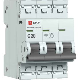 Автоматический выключатель EKF 3P 20А (C) 6кА ВА 47-63N PROxima M636320C (артикул 25562067) – фото 1