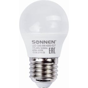 Светодиодная лампа SONNEN 5Вт, цоколь E27, шар, холодный белый свет, LED G45-5W-4000-E27, 453700 (артикул 15993525) – фото 1