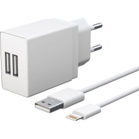 Универсальное сетевое зарядное устройство AKAI CH-6A18 2 USB 2.1A + дата-кабель 8-PIN, белый CH-6A18W (артикул 21357202) – фото 1