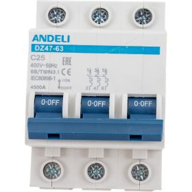 Автоматический выключатель ANDELI DZ47-63/3P 25A 4.5kA х-ка C ADL01-094 (артикул 16086985) – фото 1
