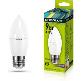 Электрическая светодиодная лампа Ergolux LED-C35-9W-E27-6K Свеча 9Вт E27 6500K 172-265В 13172 (артикул 15905379) – фото 1