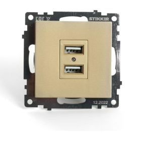 Механизм 2-местной usb розетки STEKKER 250в, 2,1а, серия катрин, золото, gls10-7115-08, 49229 (артикул 29814764) – фото 1