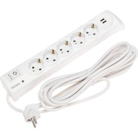 Сетевой фильтр KRANZ 5 гнезд, 5м, 3x1,5мм?, с автовыкл, 2 usb, белый 13-4701 (артикул 28395662) – фото 1