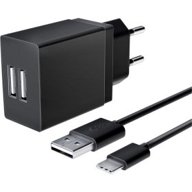 Универсальное сетевое зарядное устройство AKAI CH-6A09 2 USB 2.1A + дата-кабель Type C, черный CH-6A09B (артикул 21357154) – фото 1