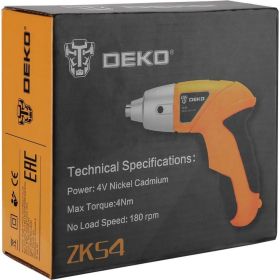 Аккумуляторная отвертка DEKO ZKS4, 4В, 0.6 Ач, з/у с набором оснастки 10 шт, 4 Нм 063-4113 (артикул 16504426) – фото 3