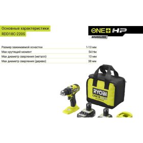 Дрель-шуруповерт бесщеточная Ryobi ONE+ RDD18C-220S 5133004980 (артикул 18123949) – фото 11