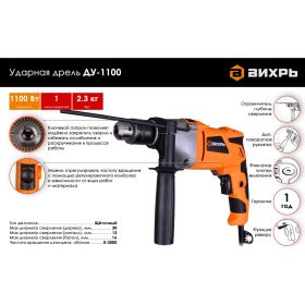 Ударная дрель ВИХРЬ ДУ-1100 72/8/4 (артикул 15424173) – фото 2