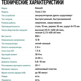 Бесщеточный аккумуляторный шуруповерт Rokodil Twist 2 Air 12 в, 36 нм, 2 ач, 1400 об/мин (1 АКБ) 1047196 (артикул 26497730) – фото 11