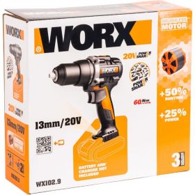 Аккумуляторная бесщёточная дрель-шуруповерт WORX 20В, 60Нм, без АКБ и ЗУ WX102.9 (артикул 28801094) – фото 6